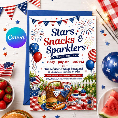 Stars Snacks and Sparklers Fourth of July BBQ Invitation — editable Canva template