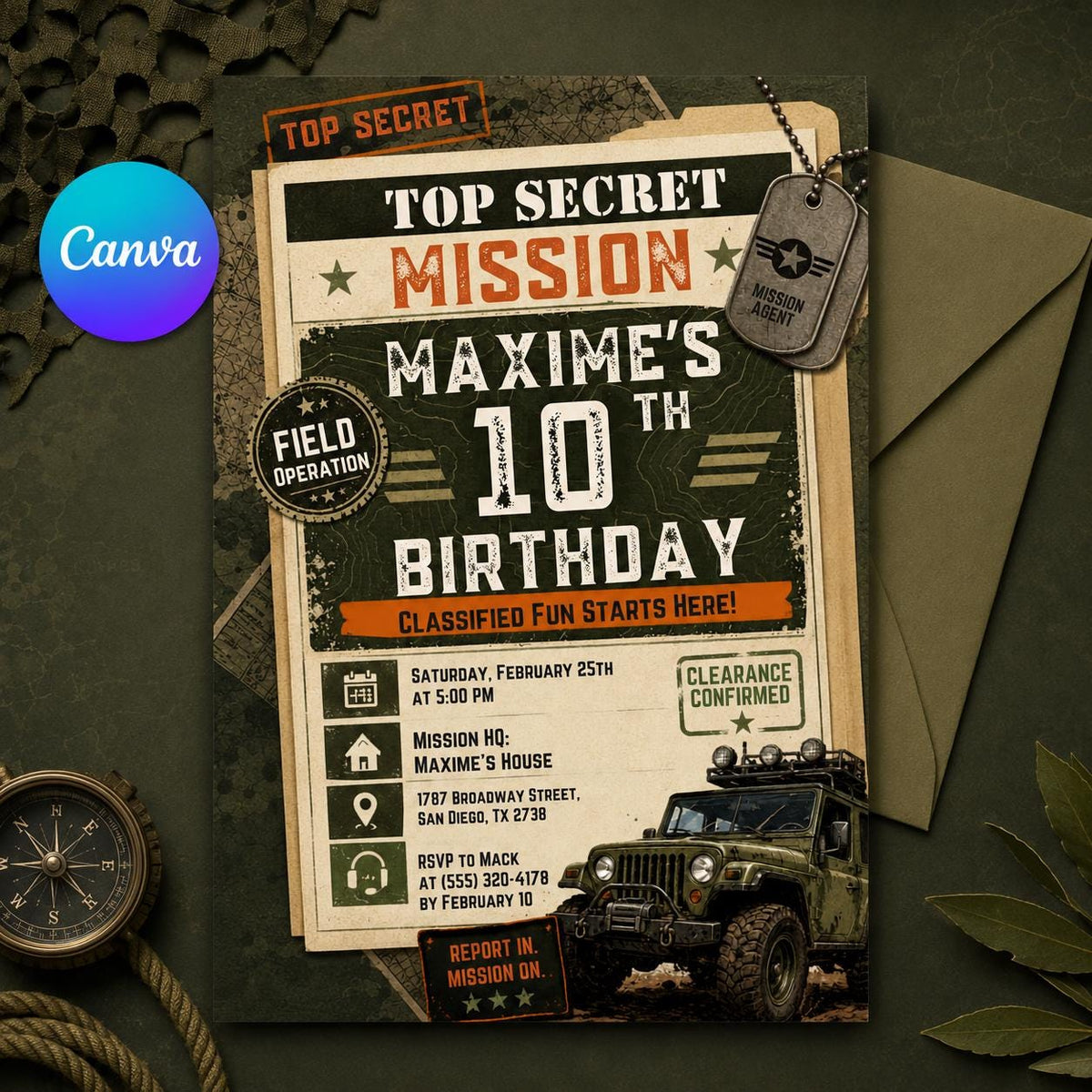 Top Secret Army Mission 10th Birthday Invitation — editable Canva template