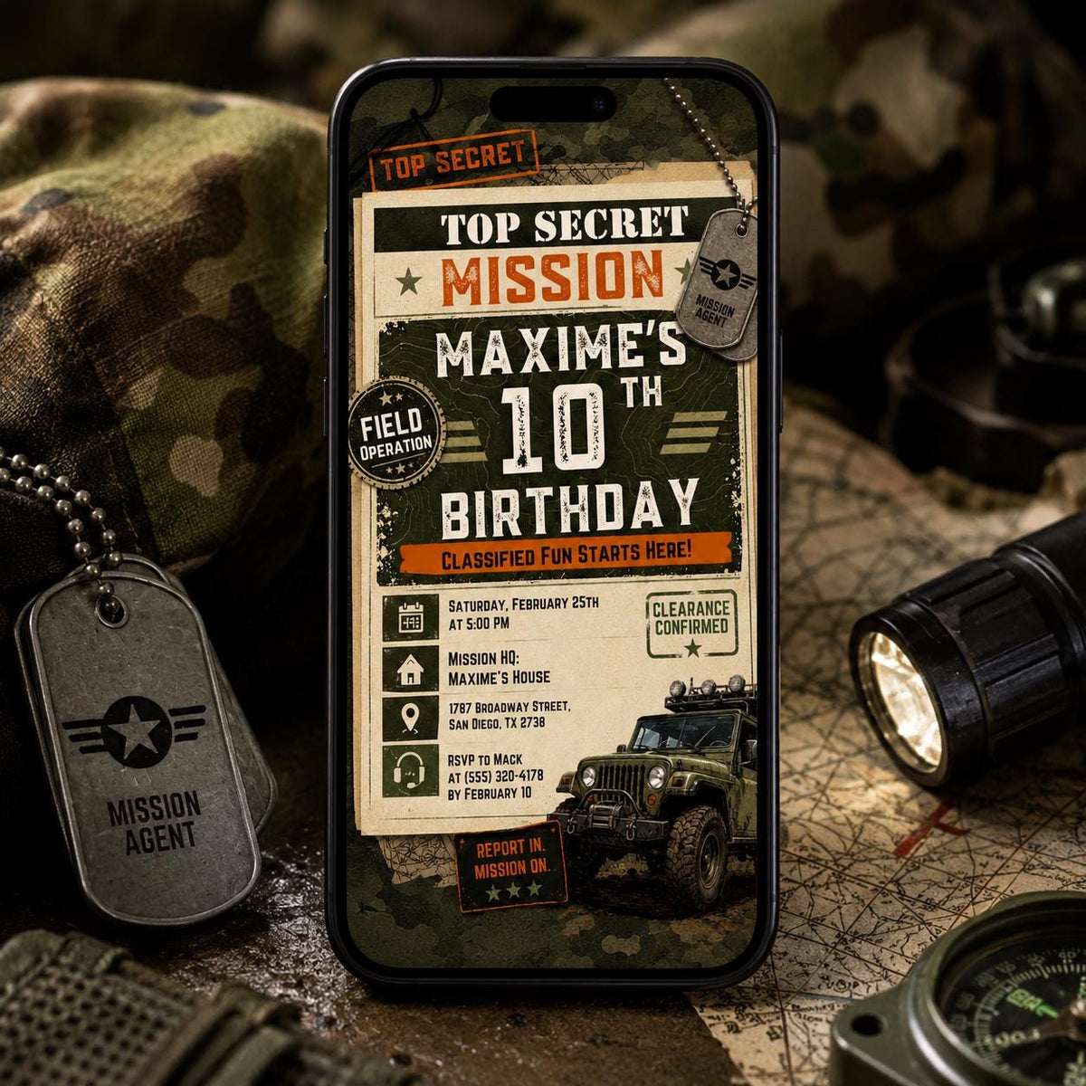 Top Secret Army Mission 10th Birthday Invitation — puppy design
