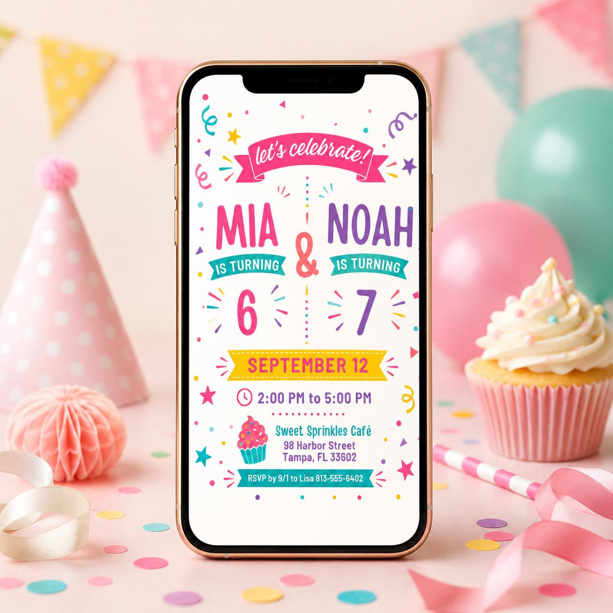 Joint 6th and 7th Birthday Invitation with Teal Name Banners — invitation you personalize in Canva