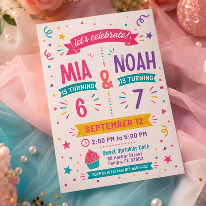 Joint 6th and 7th Birthday Invitation with Teal Name Banners — print-ready 6th birthday party design from VoltBy