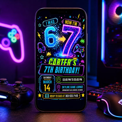 I was 6 now I'm 7 Neon Birthday, Six Seven Viral Theme Party, Neon Blue Green Pink Glow Invite, Gamer Theme Editable Canva Template __etsy:8086615839