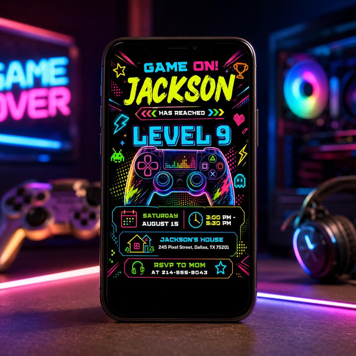 Neon Level 9 Birthday Invitation with Angled Border — invitation you personalize in Canva