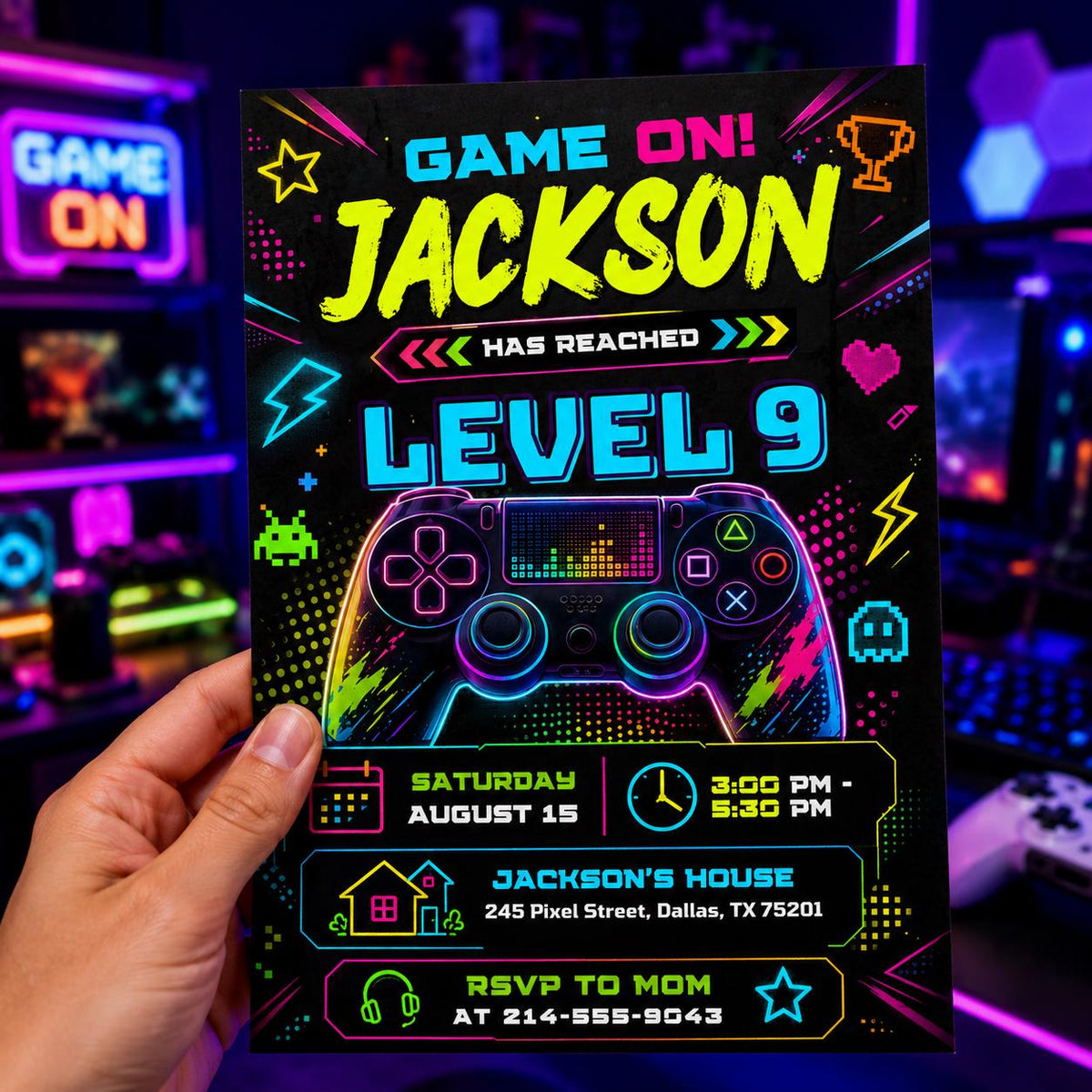 Neon Level 9 Birthday Invitation with Angled Border — gaming design