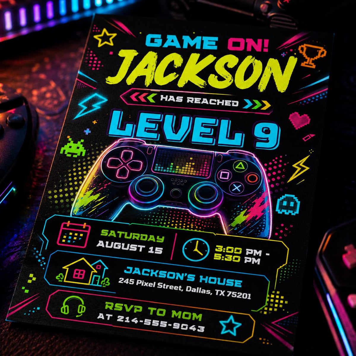 Neon Level 9 Birthday Invitation with Angled Border — gaming artwork in blue and pink