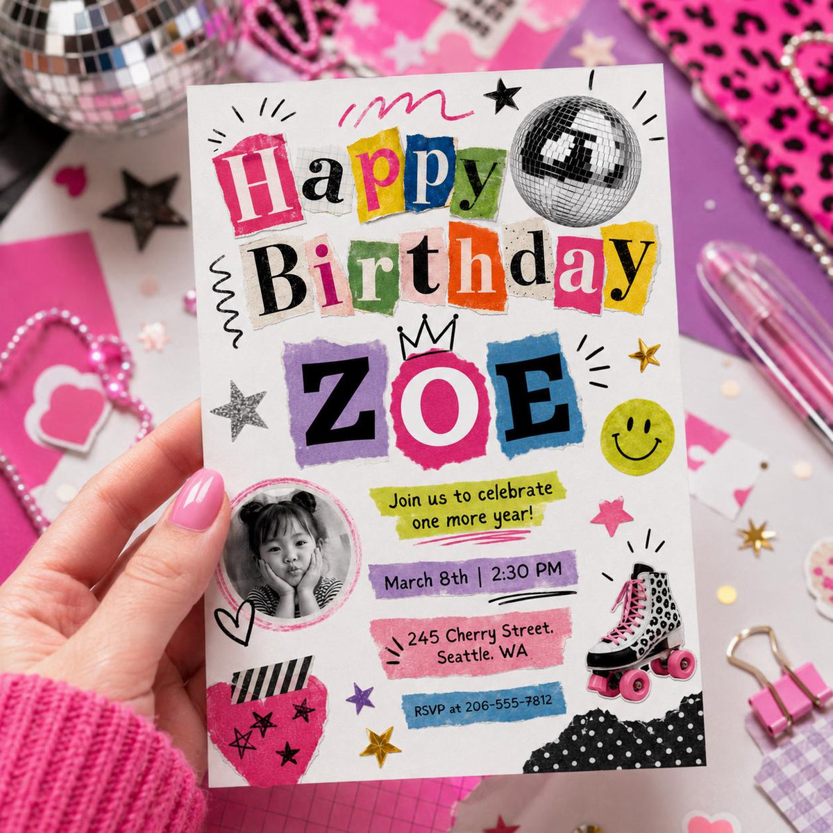 Retro Cutout Birthday Photo Invitation with Disco Ball — print-ready birthday party design from VoltBy