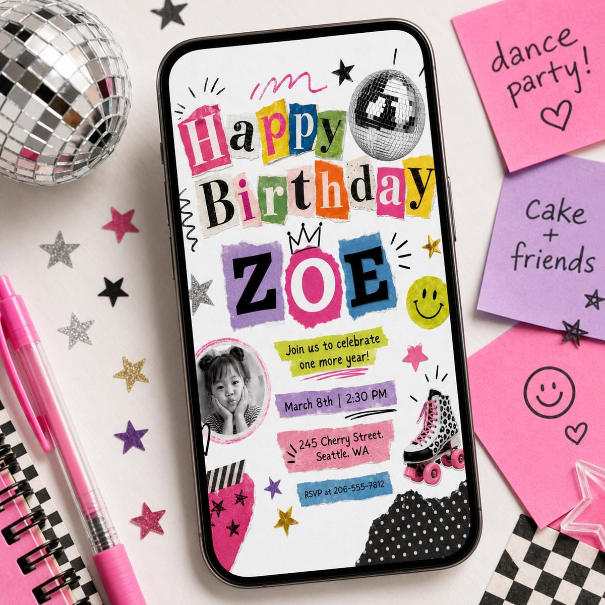 Retro Cutout Birthday Photo Invitation with Disco Ball — magazine artwork in black and pink