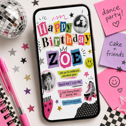 Retro Cutout Birthday Photo Invitation with Disco Ball — magazine artwork in black and pink