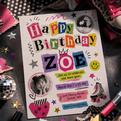 Retro Cutout Birthday Photo Invitation with Disco Ball — magazine design