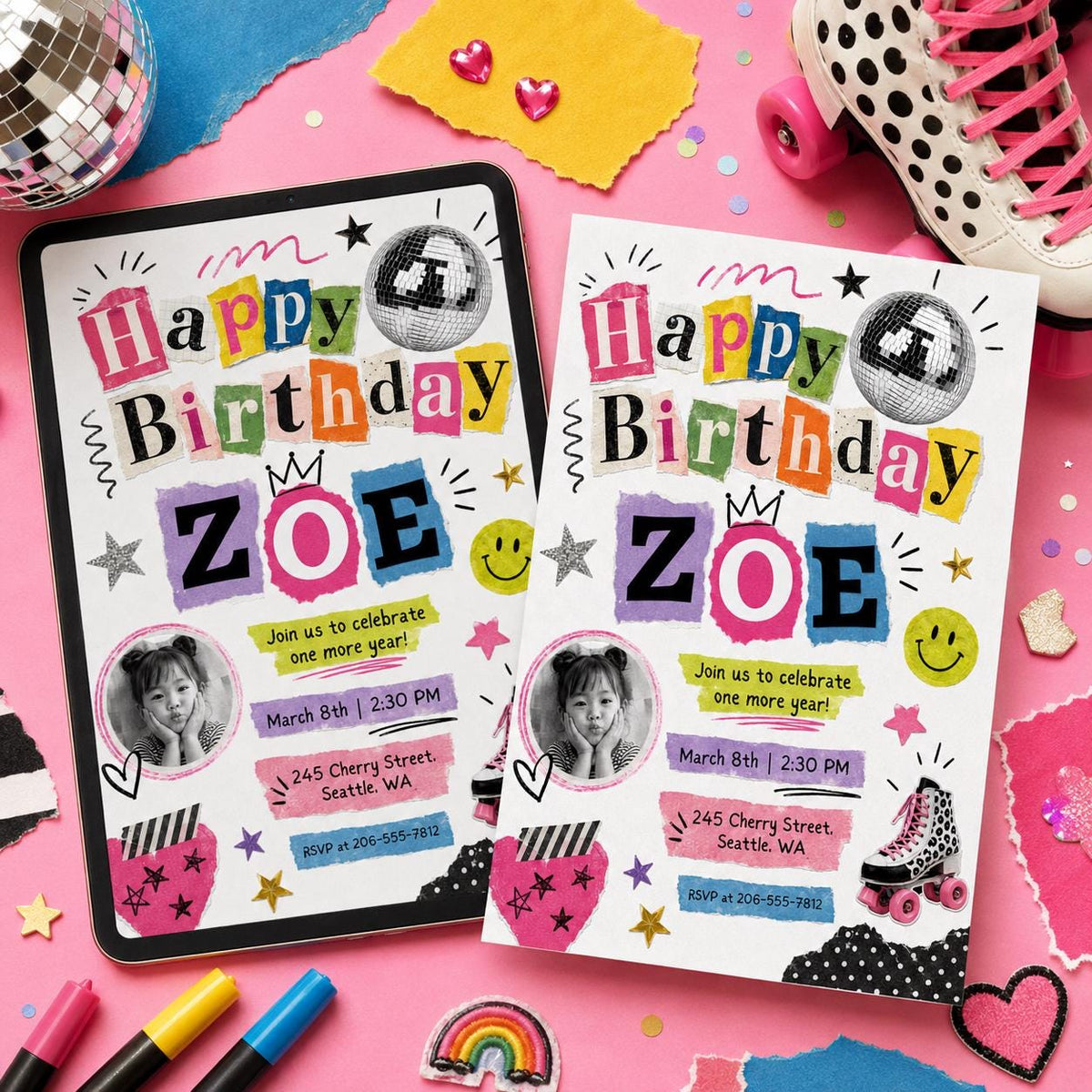 Retro Cutout Birthday Photo Invitation with Disco Ball — invitation you personalize in Canva