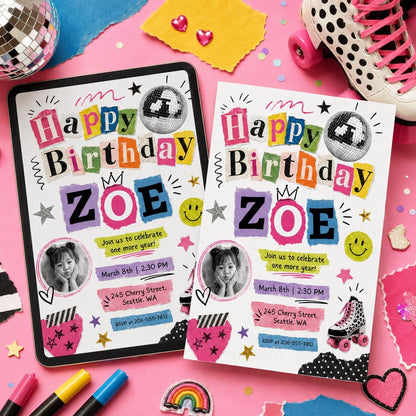 Retro Cutout Birthday Photo Invitation with Disco Ball — invitation you personalize in Canva