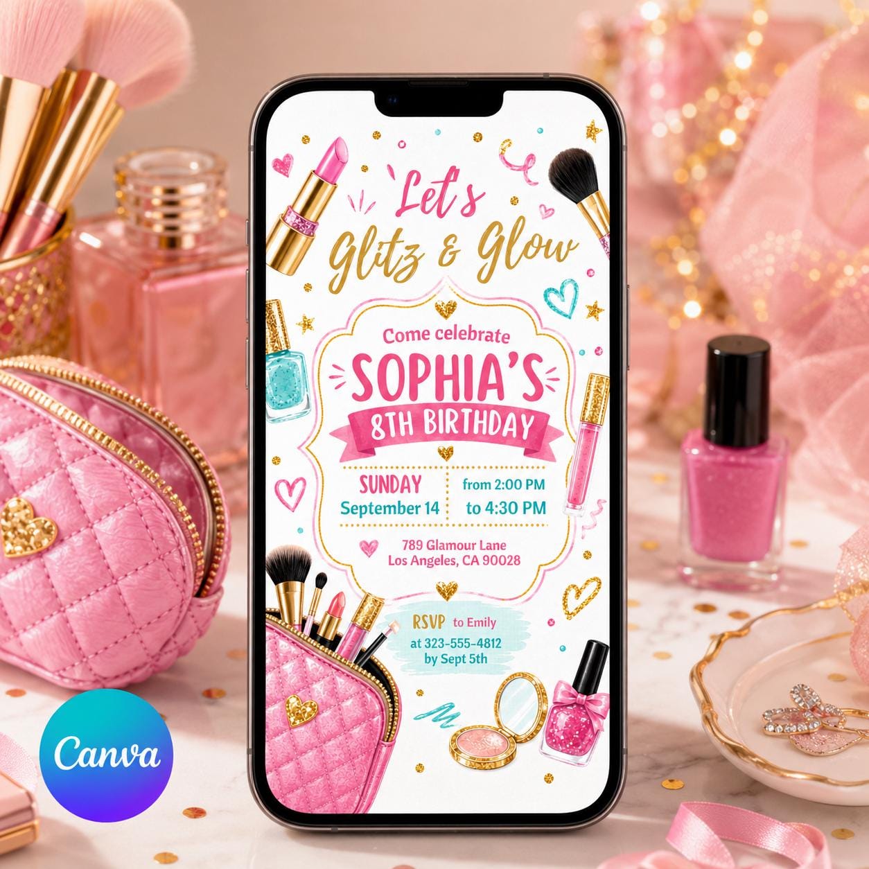 Glitz Glam Birthday Invitation Template, Glamour Party Invitation, Spa Makeup Birthday Party Rainbow Leopard Print Glitz and Glam Makeup __etsy:8088200449