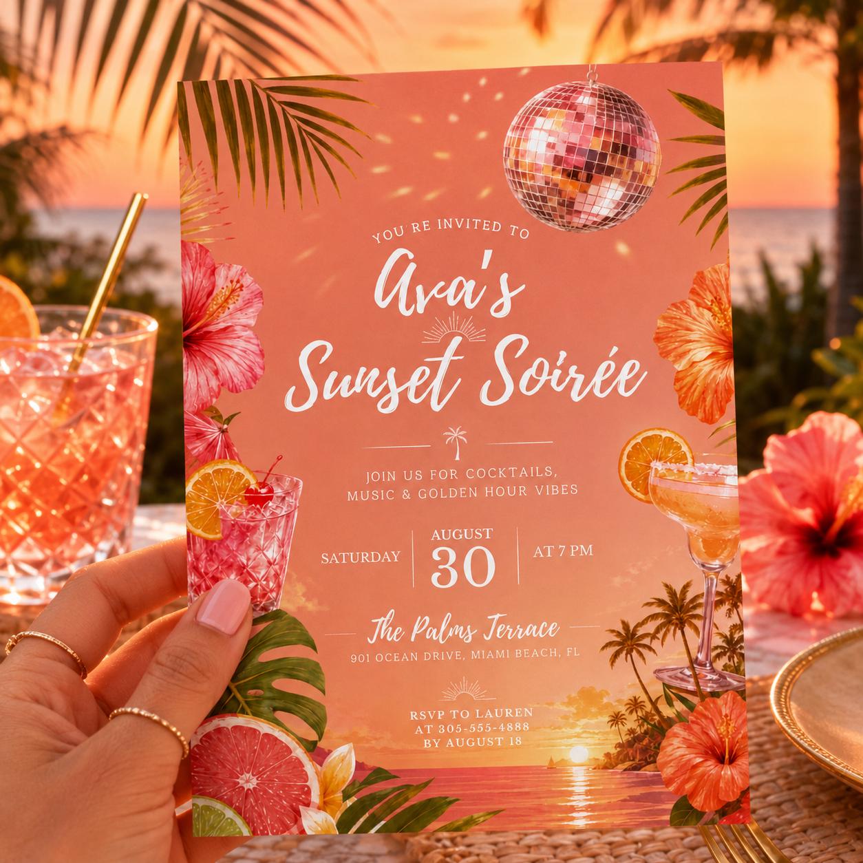 Sunset Soirée Summer Party Invitation, Tropical Party, Pink Citrus, Disco Ball, Editable Canva Template __etsy:8088209035