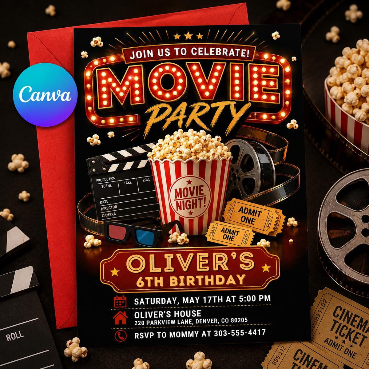 Movie Party 6th Birthday Invitation with Popcorn and Film Reel — editable Canva template