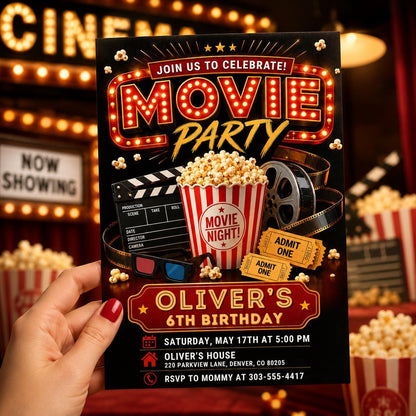 Movie Party 6th Birthday Invitation with Popcorn and Film Reel — 6th birthday party stationery by VoltBy