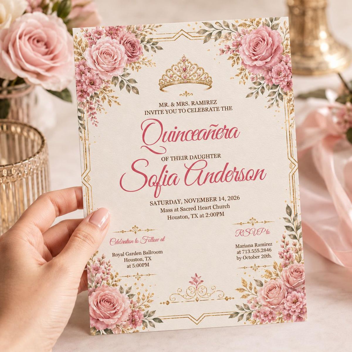 Pink Rose Quinceañera Invitation with Gold Crown — print-ready quinceañera design from VoltBy
