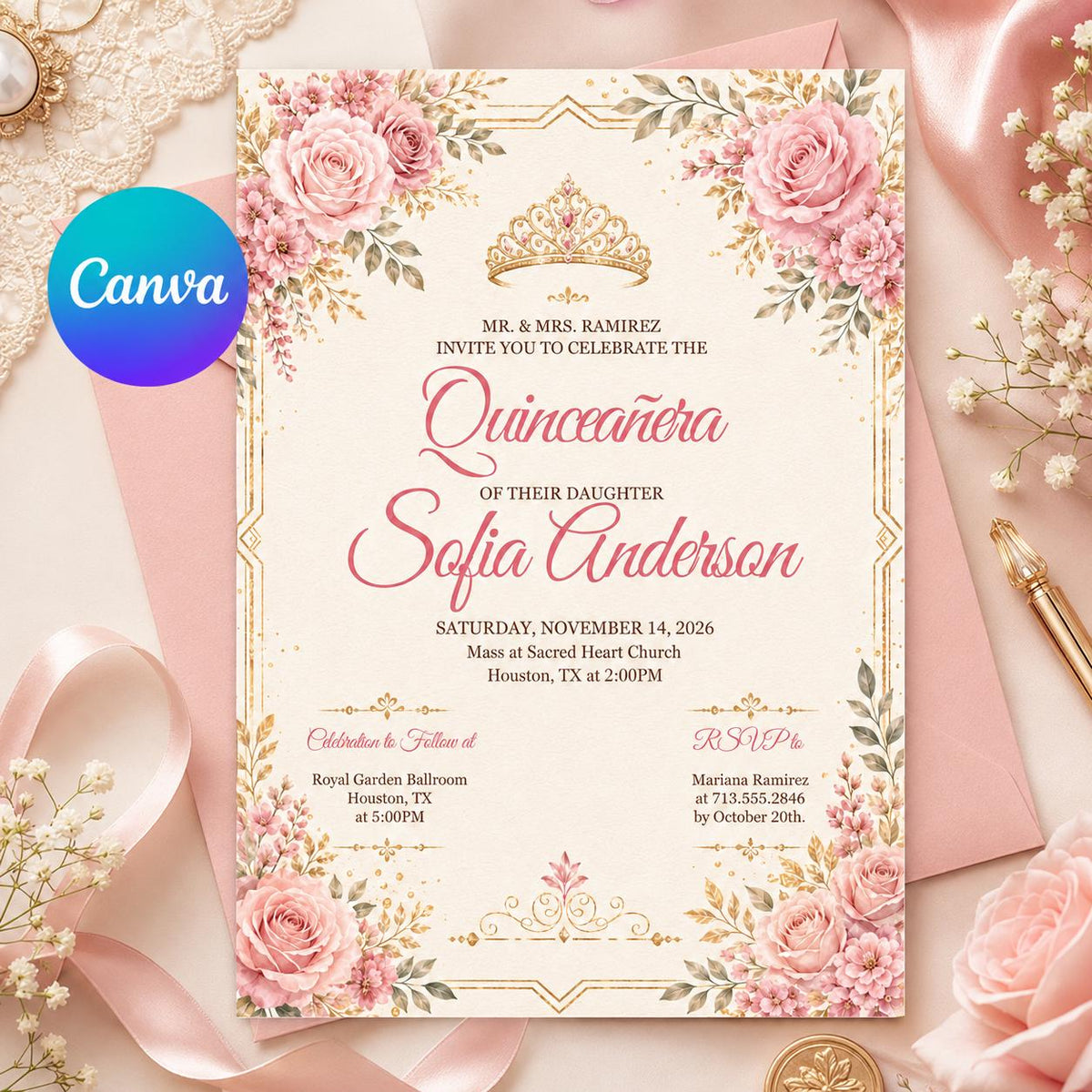 Pink Rose Quinceañera Invitation with Gold Crown — editable Canva template