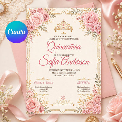Pink Rose Quinceañera Invitation with Gold Crown — editable Canva template