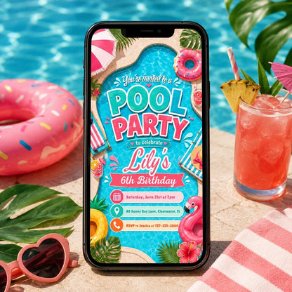 Pool-Shaped 6th Birthday Invitation with Tropical Border — hibiscus artwork in pink and teal