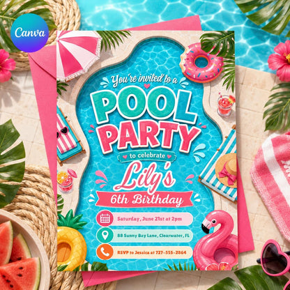 Pool-Shaped 6th Birthday Invitation with Tropical Border — editable Canva template