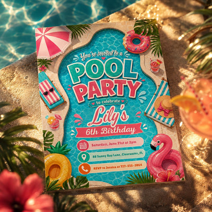 Pool-Shaped 6th Birthday Invitation with Tropical Border — invitation you personalize in Canva
