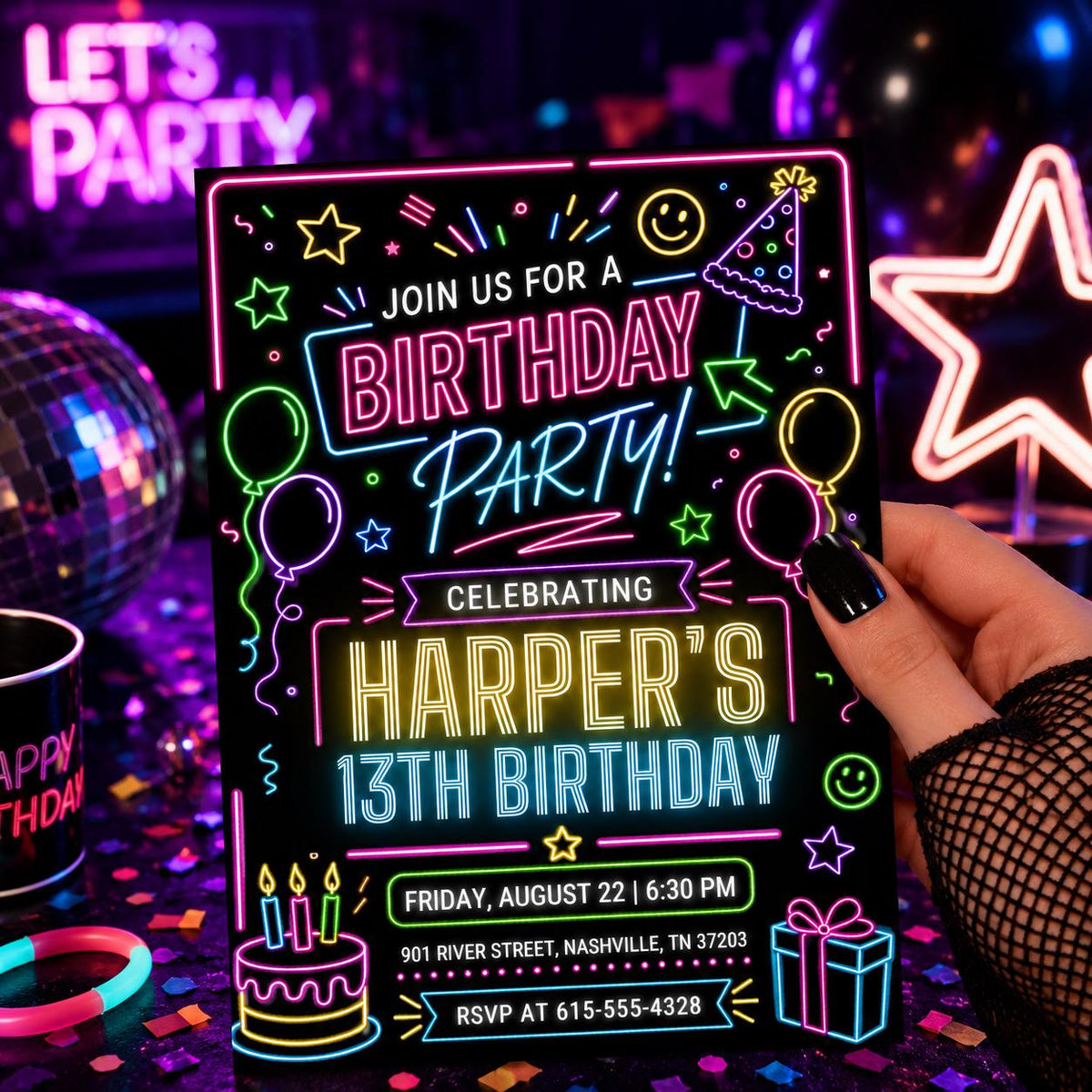 Neon Birthday Party Invitation for a 13th Birthday — print-ready 13th birthday party design from VoltBy
