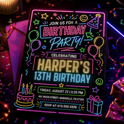 Neon Birthday Party Invitation for a 13th Birthday — balloon artwork in black and blue