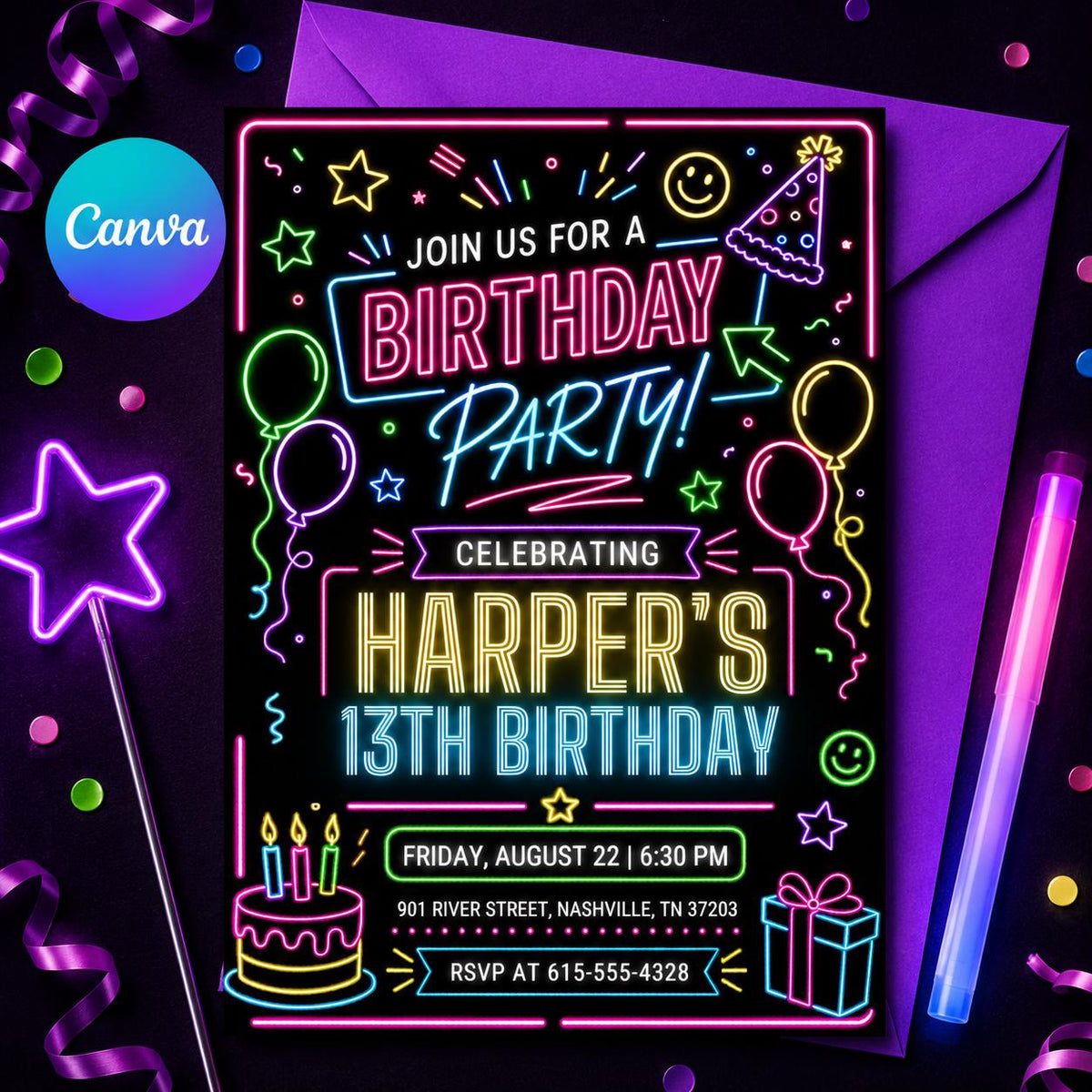 Neon Birthday Party Invitation for a 13th Birthday — editable Canva template