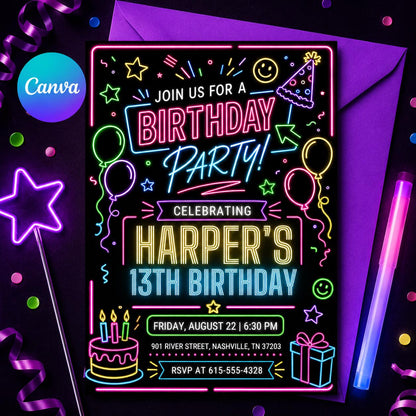 Neon Birthday Party Invitation for a 13th Birthday — editable Canva template