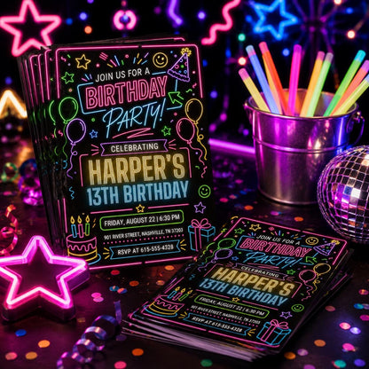 Neon Birthday Party Invitation for a 13th Birthday — balloon design