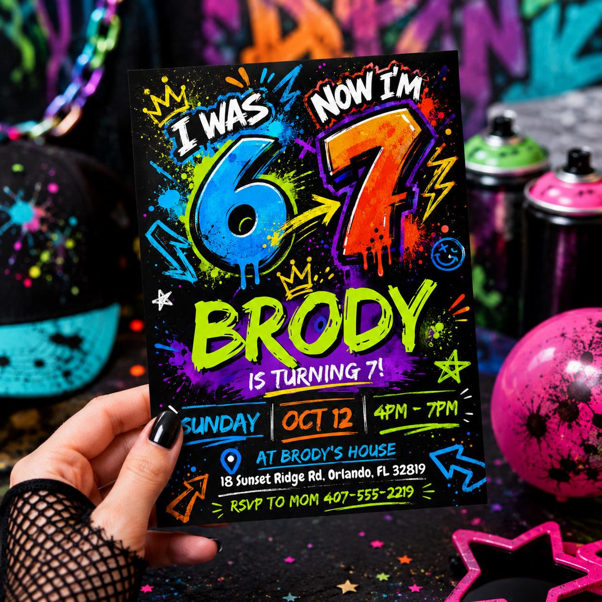 Graffiti 7th Birthday Invitation for Boys — 7th birthday party stationery by VoltBy