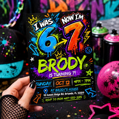 Graffiti 7th Birthday Invitation for Boys — 7th birthday party stationery by VoltBy