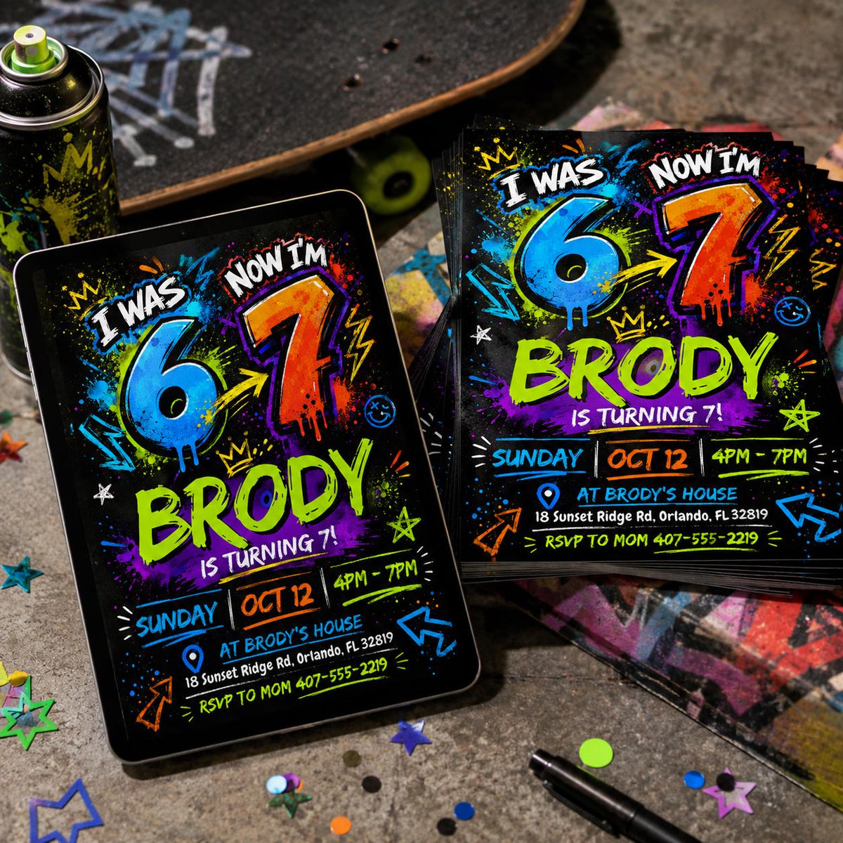 Graffiti 7th Birthday Invitation for Boys — print-ready 7th birthday party design from VoltBy