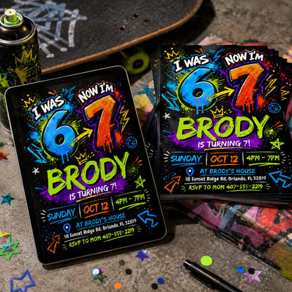 Graffiti 7th Birthday Invitation for Boys — print-ready 7th birthday party design from VoltBy