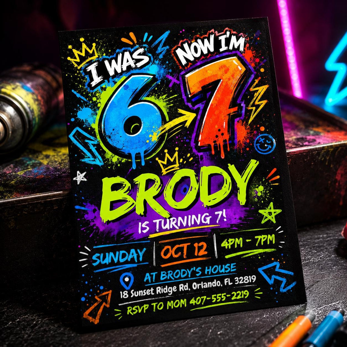 Graffiti 7th Birthday Invitation for Boys — digital invitation, instant download