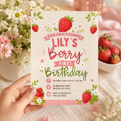 Berry First Birthday Invitation, Editable 1st Birthday Girl Invite, Canva Template __etsy:8093713293