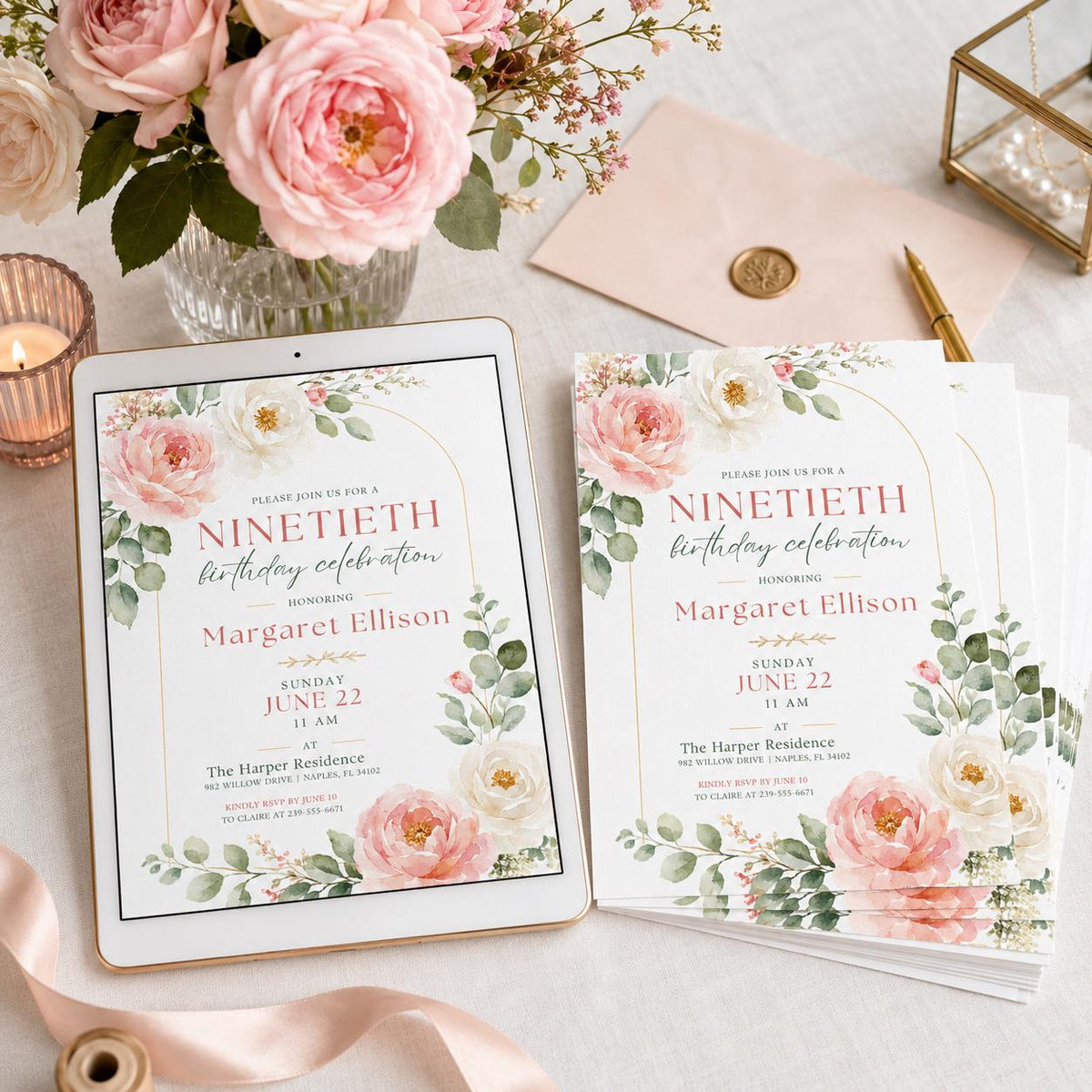 Hand Drawn Floral Ninetieth Celebration Invitation — print-ready birthday party design from VoltBy