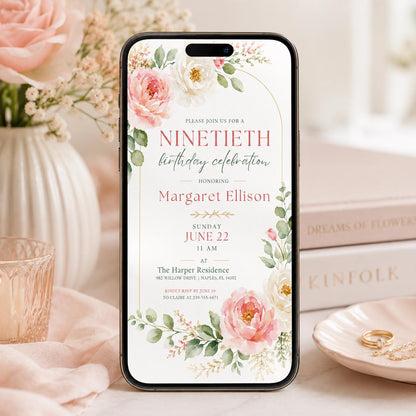 Hand Drawn Floral Ninetieth Celebration Invitation — birthday party stationery by VoltBy