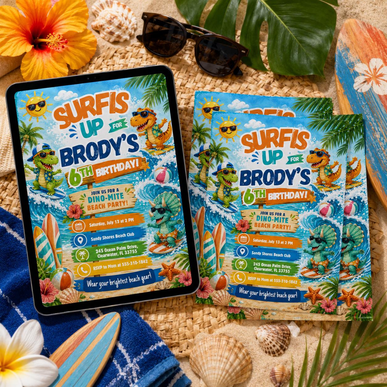 Surf Dinosaur 1st Birthday Invitation: Beach Party, Surfing Dino Birthday Invitation , Canva Template __etsy:8094135821