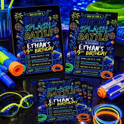 Neon Splash Battle Birthday Invitation , Neon Birthday Invite, Glow Splash Party, Summer Night Pool Party, Canva Template __etsy:8094197765