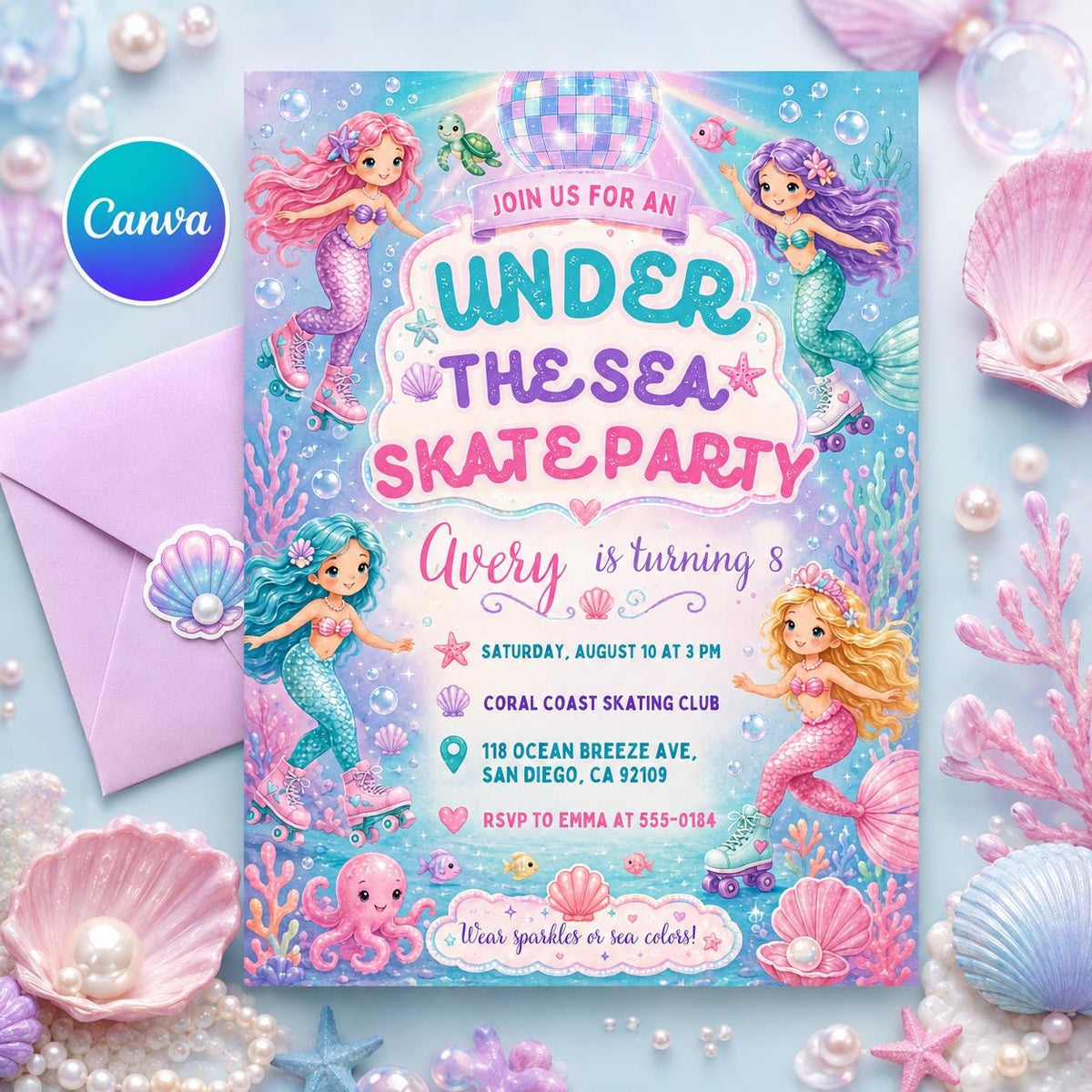 Pink Mermaid Skate Party Invitation — editable Canva template