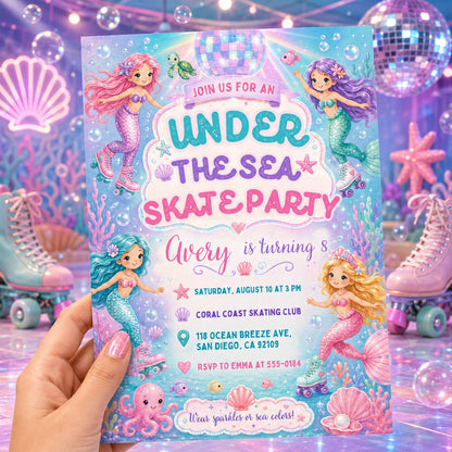 Pink Mermaid Skate Party Invitation — digital invitation, instant download