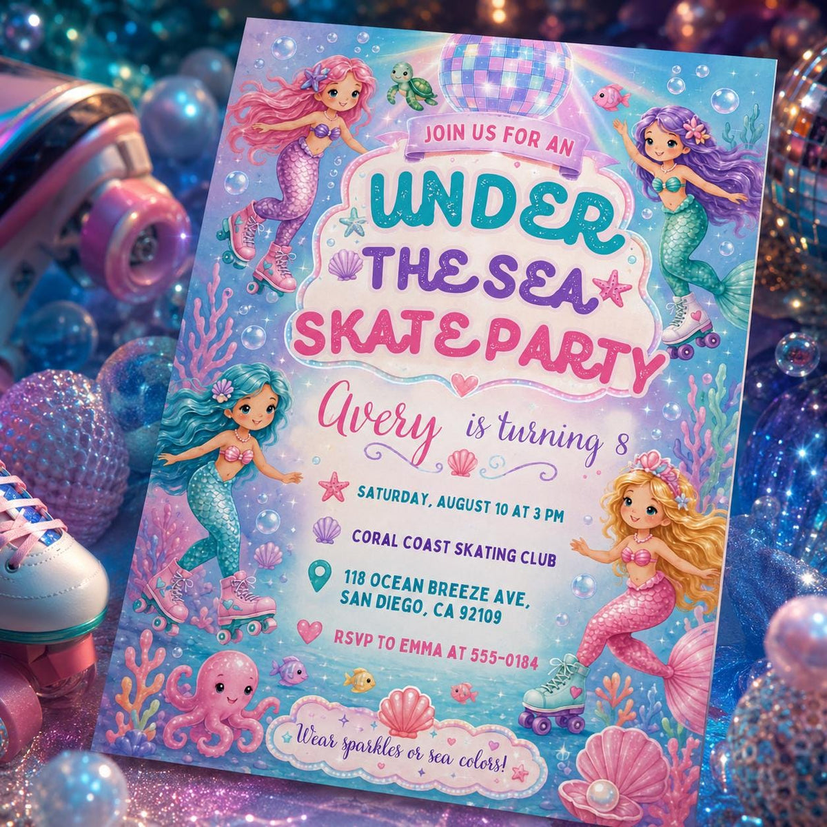 Pink Mermaid Skate Party Invitation — print-ready birthday party design from VoltBy
