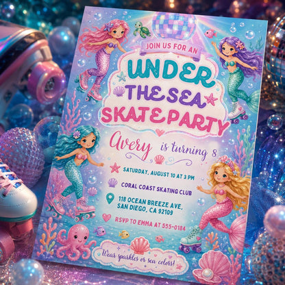 Pink Mermaid Skate Party Invitation — print-ready birthday party design from VoltBy