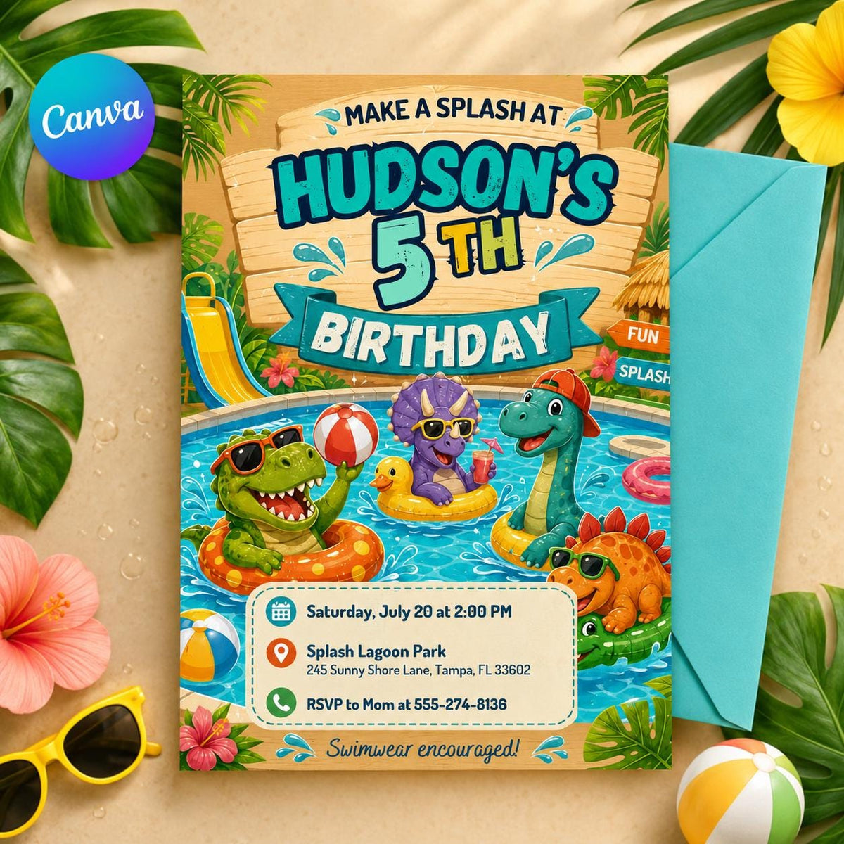 Dinosaur Pool Party 5th Birthday Invitation with Wooden Header — editable Canva template
