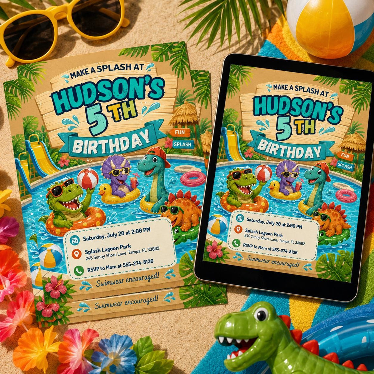 Dinosaur Pool Party 5th Birthday Invitation with Wooden Header — invitation you personalize in Canva