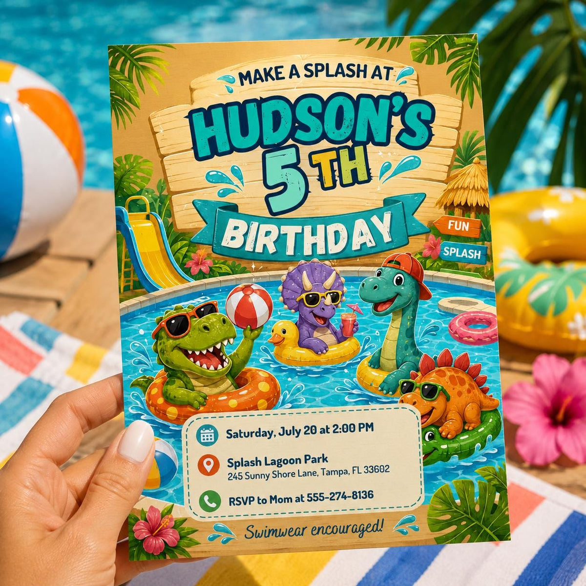 Dinosaur Pool Party 5th Birthday Invitation with Wooden Header — print-ready 5th birthday party design from VoltBy