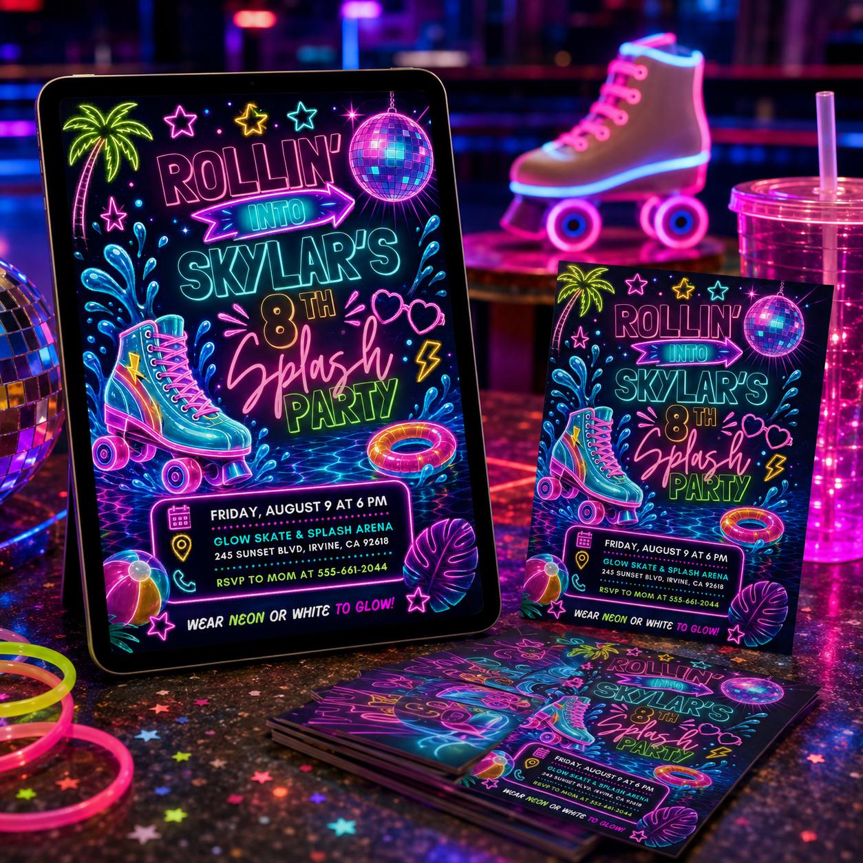 Neon Glow Skate Splash Party Invitation, Neon Pool Party Birthday Invitation, Summer Glow Swim Party, Roller Skate Birthday Invitation __etsy:8094956633