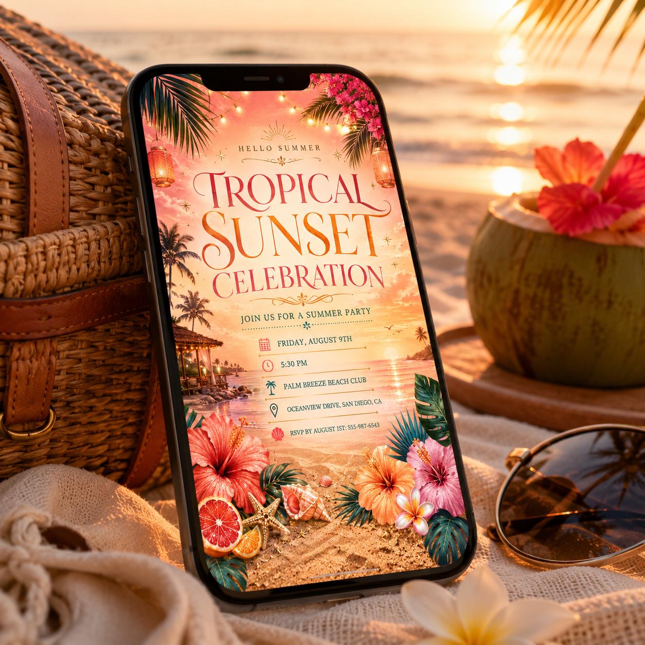 Tropical Sunset Celebration Sunset Soiree Invitation, Summer Cocktail Party Invite, Orange Tropical Flower Birthday, Editable Canva Template __etsy:8097191989