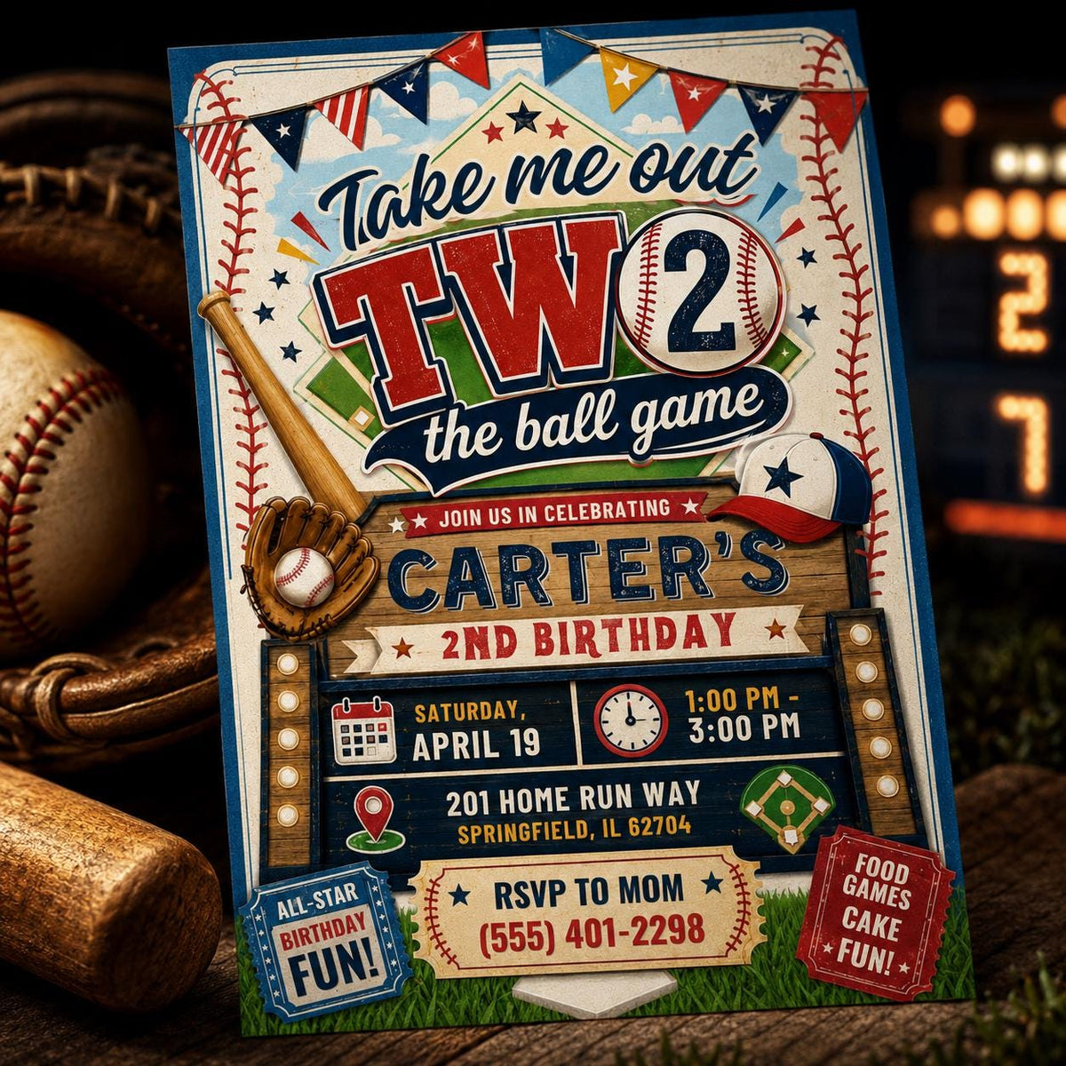 Take Me Out to the Ball Game 2nd Birthday Invitation — invitation you personalize in Canva